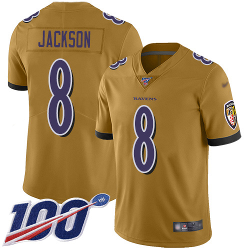 Baltimore Ravens Limited Gold Men Lamar Jackson Jersey NFL Football #8 100th Season Inverted Legend